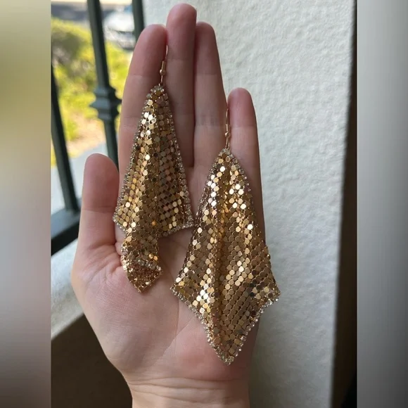 Gold Mesh Statement Earrings with Rhinestone Trim - Picture 4 of 4
